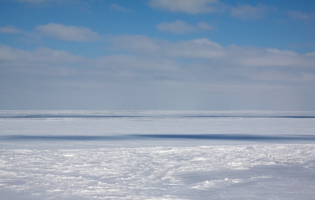 Photo: Snowy ice covers Lake Erie while shadows of clouds cross the plain. Photo by James Guilford.